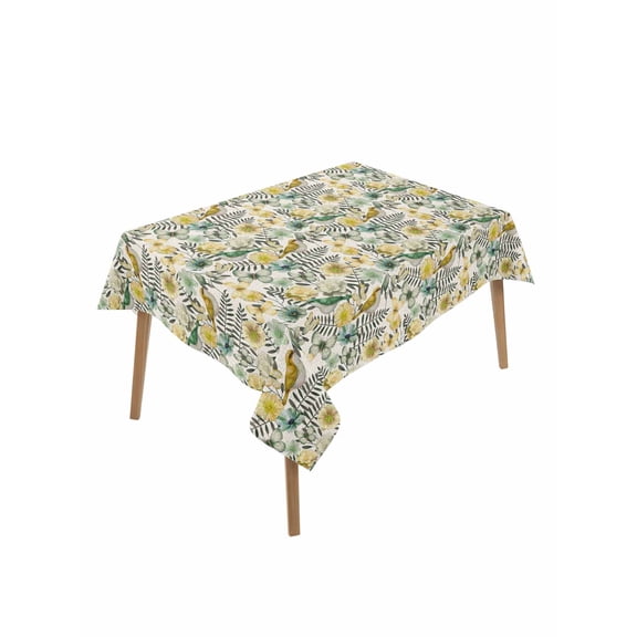 Vintage Flowers Table Cloth, Waterproof Tablecloth for Rectangle Tables, Spring Yellow Green Floral Country Leaves Birds Reusable Washable Fabric Table Cover for Restaurant Kitchen Dining 52"x70"
