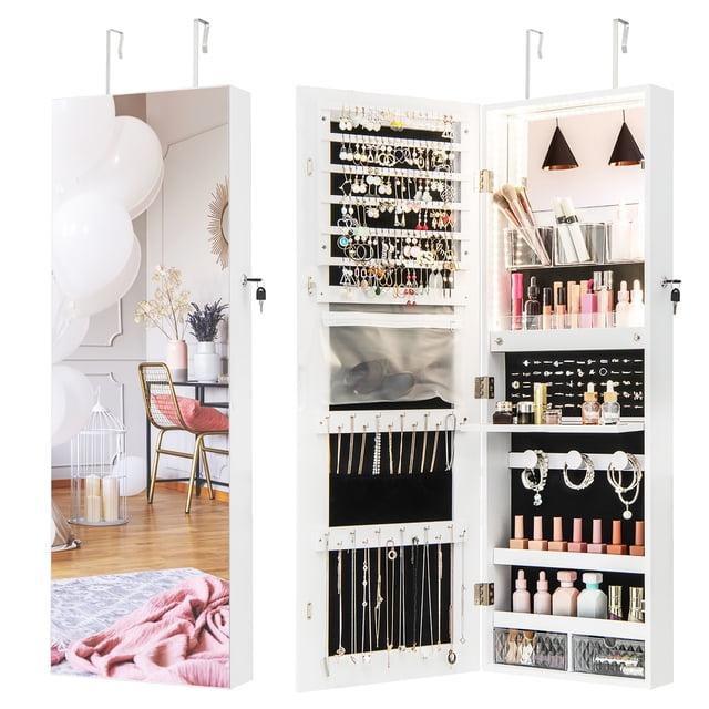 Gymax Wall Mounted Jewelry Cabinet Full-Length Mirror Lockable w/ 3-Color Lights White