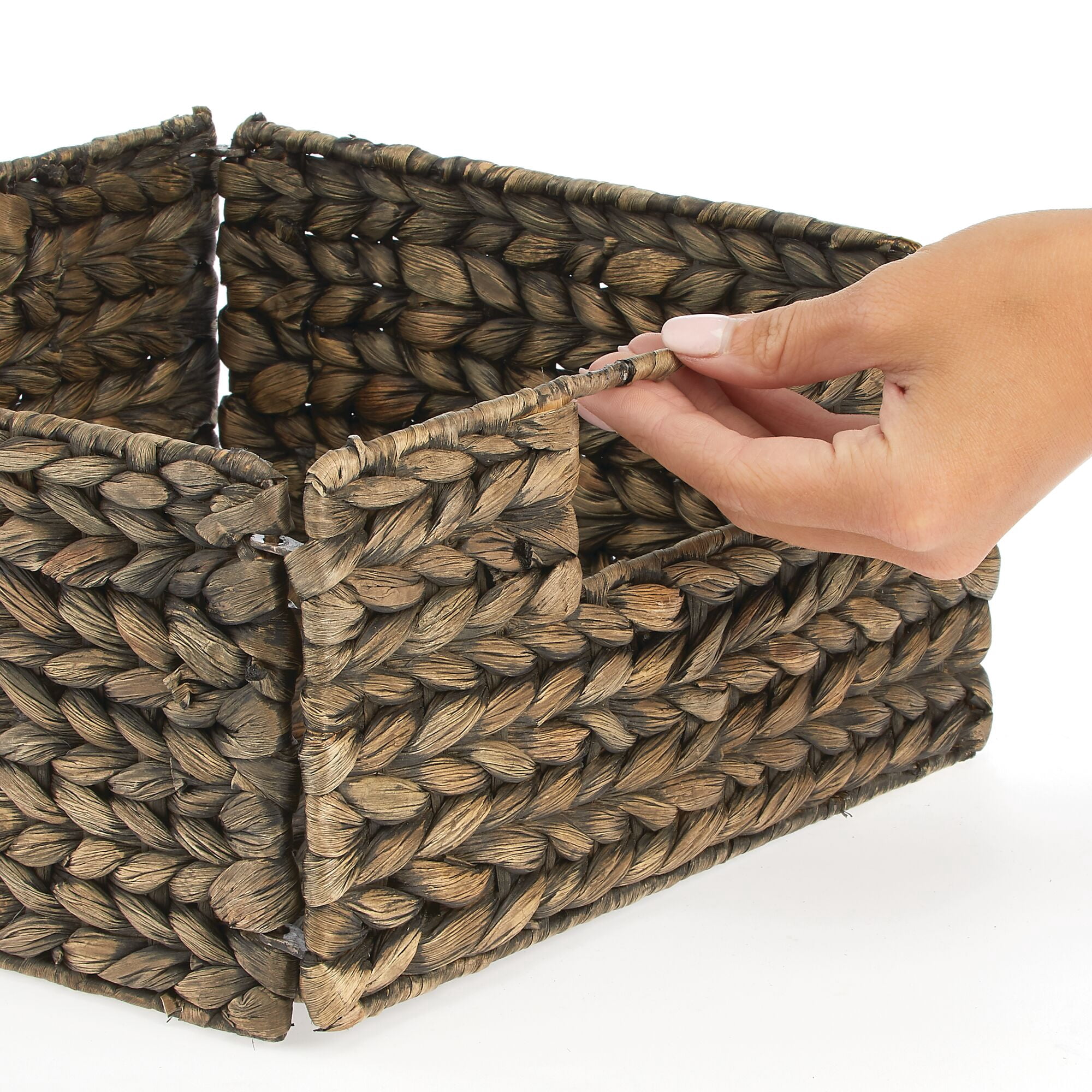mDesign Woven Hyacinth Kitchen Basket Organizer with Handles, 4 Pack, Brown Wash