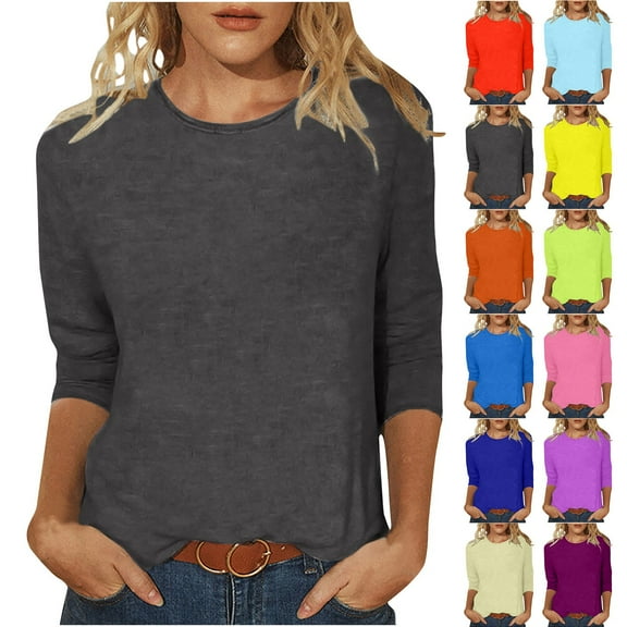 Patlollav Trendy Tops for Womens Solid T-Shirt Mid-Length 3/4 Sleeve Blouse Round Neck Casual Tops