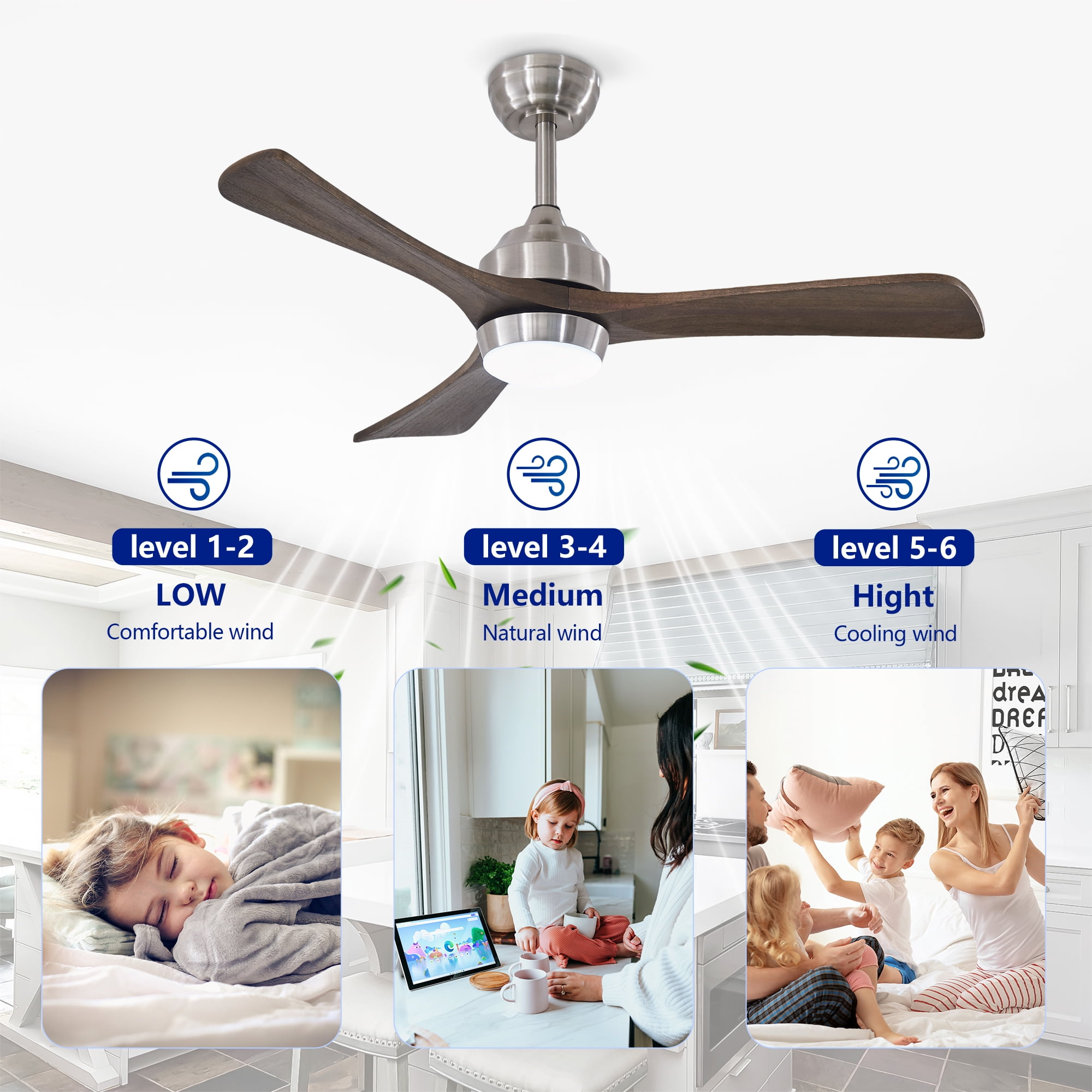 Leumius 42" Solid Wood Blades Ceiling Fan with Light and Remote Control,Quiet DC Motor 3 Blade Ceiling Fans 6 Speed Levels,Reversible for Patio Living Room Bedroom Office Black Nickel