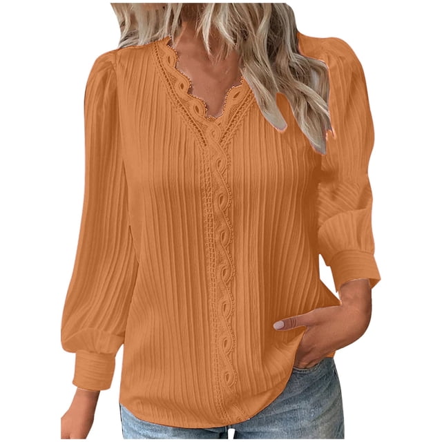 Blusa de manga larga con cuello en V y volantes para mujer - Camisa elegante con encaje floral y botones