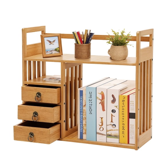 3-Drawer Desktop Bookshelf, Bamboo Desk Organizer with Open Shelves, Multi-Functional Tabletop Storage Rack for Books, Stationery and Office Supplies
