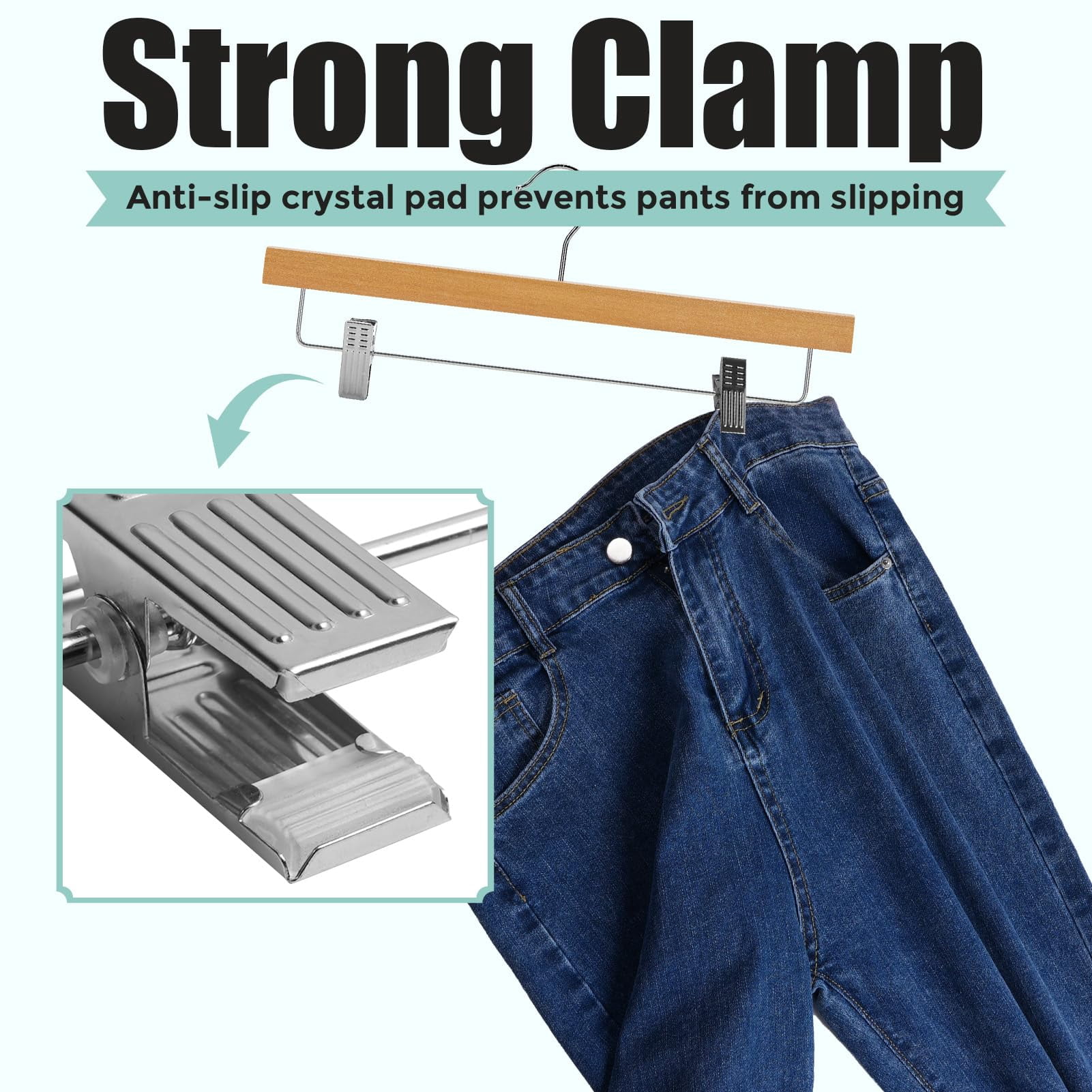 Cozymood 15 Pack Wooden Pants Hangers, Solid Wood Bottom Jeans Skirt Hanger with 2-Adjustable Clips Anti Rust Hook