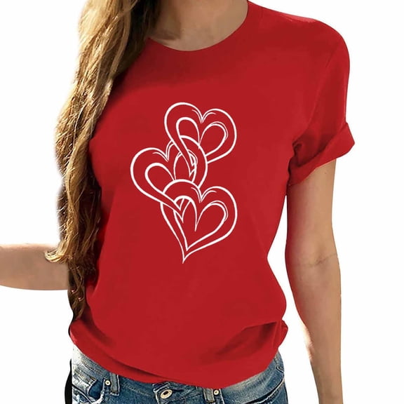 Wyobmus Valentines Shirts for Women Love Heart Printed Short Sleeve Graphic Tshirt Crew Neck Casual Tops C-Red