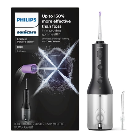 Philips Sonicare Cordless Power Flosser 3000 - Water Flosser with Innovative Quad Stream Technology, Oral Irrigator with 2 Flossing Modes and 3 Pressure Levels, Ipx7 Waterproof, Black, HX3826/23