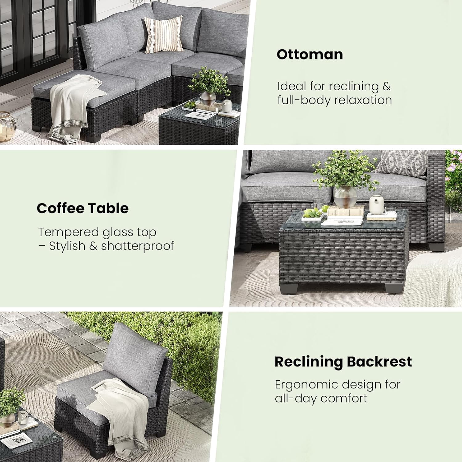 STARY Outdoor Wicker conversation sets, 7 Pieces Patio Furniture Sofa Set with Coffee Table, All Weather for Garden, Backyard, Balcony (Dark Gray)