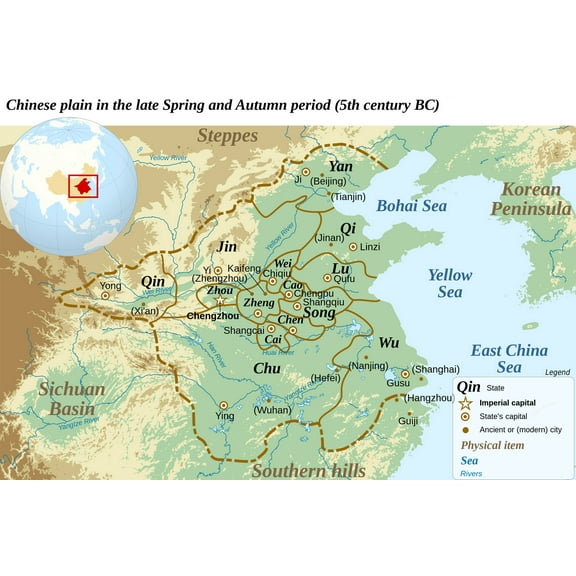 24x36 gallery poster, Map of the Chinese plain, 5 century BC Start of the Warring States Period