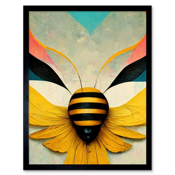 Abstract Bumble Bee Heart Painting Contemporary Yellow Black Beige Blue Coral Pink Art Print Framed Poster Wall Decor 12x16 inch