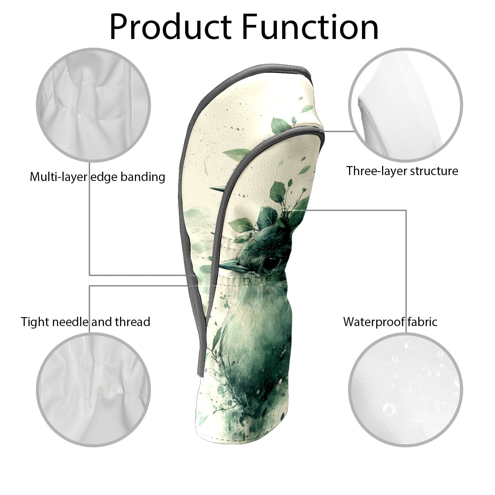 Golf Club Covers PU Leather Waterproof Head Covers for Fairway Woods Hybrids Green Bird