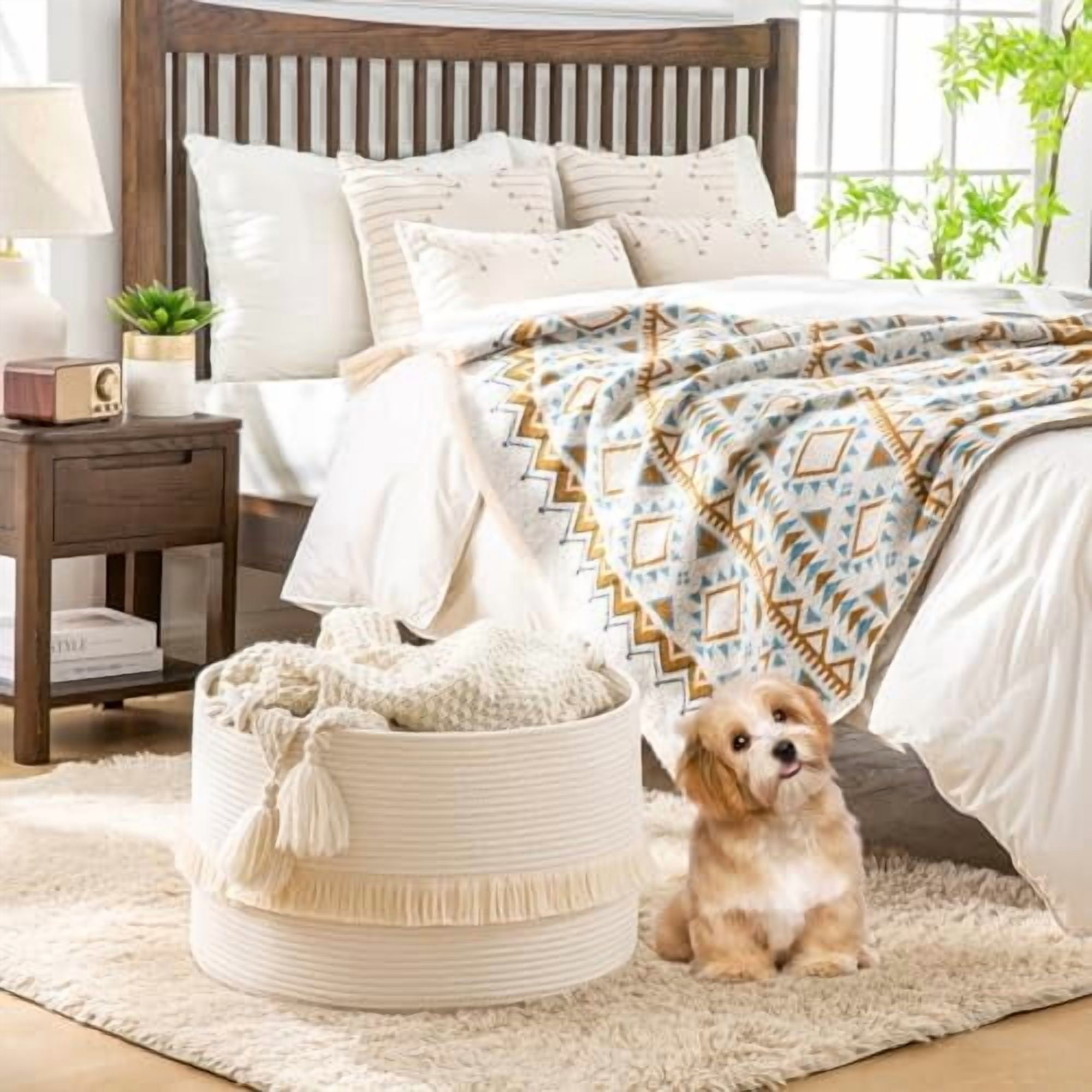 Large Blanket Basket (20"x13"),Woven Baskets for storage Baby Laundry Hamper, Cotton Rope Blanket Basket for Living Room, Laundry, Nursery, Pillows, Baby Toy chest (White)