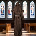 thumbnail image 5 of Alaiyaky Monk Costume Adult Men Medieval Robe Priest Cloak Outfit Halloween Black Renaissance Vicar Uncle Fester with Hood Costume Cross Fancy Dress Cosplay Carnival, 5 of 7