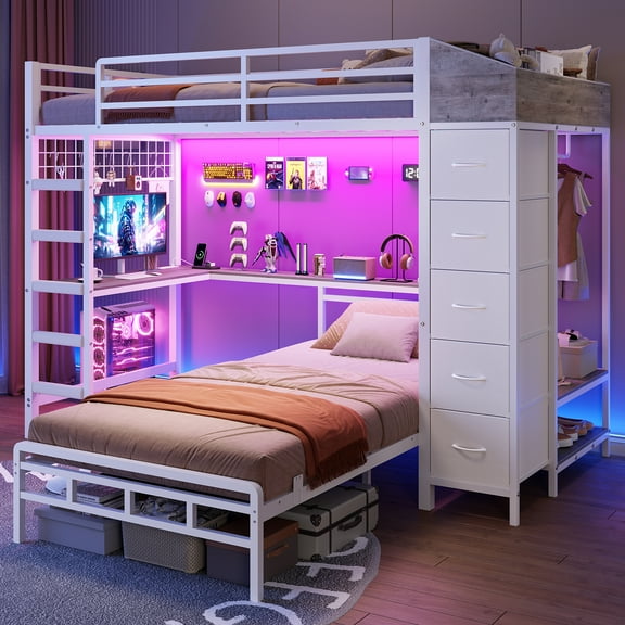 Torveric Bunk Bed with Hall Tree Twin Over Twin, L-Shaped Gaming LED Bunk Bed with Desk and Storages, Small Space Apartment Furniture Gift White
