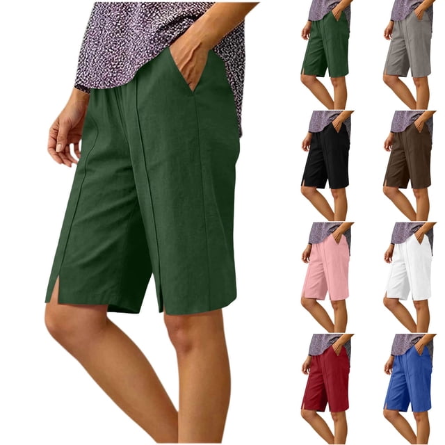 Shorts hasta la Rodilla para Mujer - Bermudas Casuales de Pierna Recta con Abertura Lateral, de Cintura Alta, Shorts de Verano con Bolsillos, Verde L