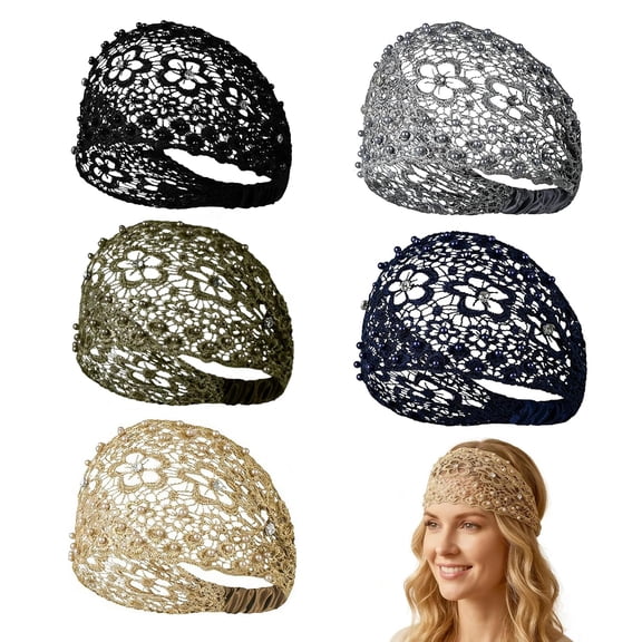 BZCOE 5 Pcs Headbands for Women,Lace Plum Blossom Hollow Beaded Wide Chic Headband for Daily Wear & Various Holidays Lace Headband