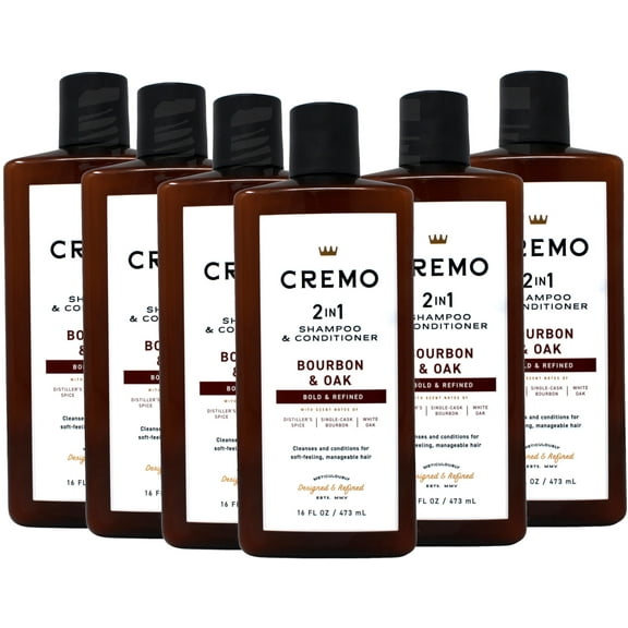 6 Pack - Cremo Bourbon & Oak 2-in-1 Shampoo & Conditioner, Barber Grade Quality That Moisturizes and Cleanses All Hair Types, 16 Fluid Ounce