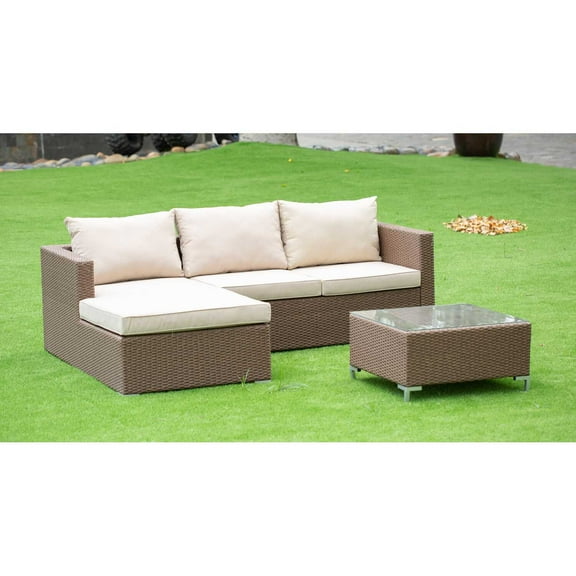 HomeStock Gothic Glamour 3 Piece Patio Set - Outdoor Sectional Sofa Set Contains a Rectangle Glass Top Bistro Tea Table and Linen Fabric Cushion , 63x87 Inch, Modern Outdoor Dining Set-Color:Brown