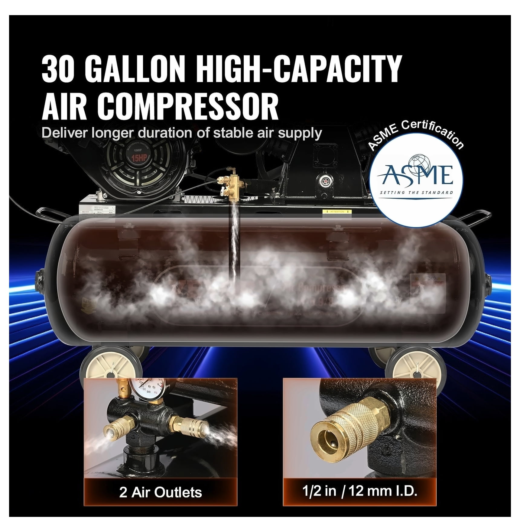 15HP Gas Air Compressor, 30 Gallon, 33CFM@115PSI - Portable Gas Powered Air Compressor for Construction, Workshop, Impact Wrench & Spray Gun
