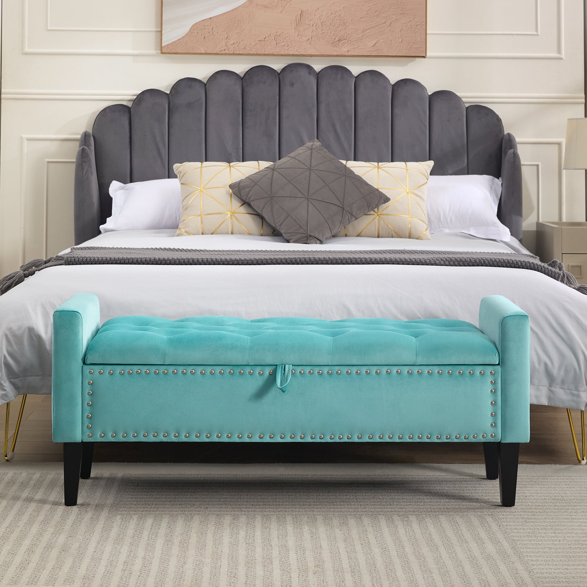 Velvet Storage Bench, Upholstered Bed Bench with Storage, End of Bed Ottoman with Wooden Legs,Bedside Storage Bench for Bedroom, Living Room, or Entryway, Teal