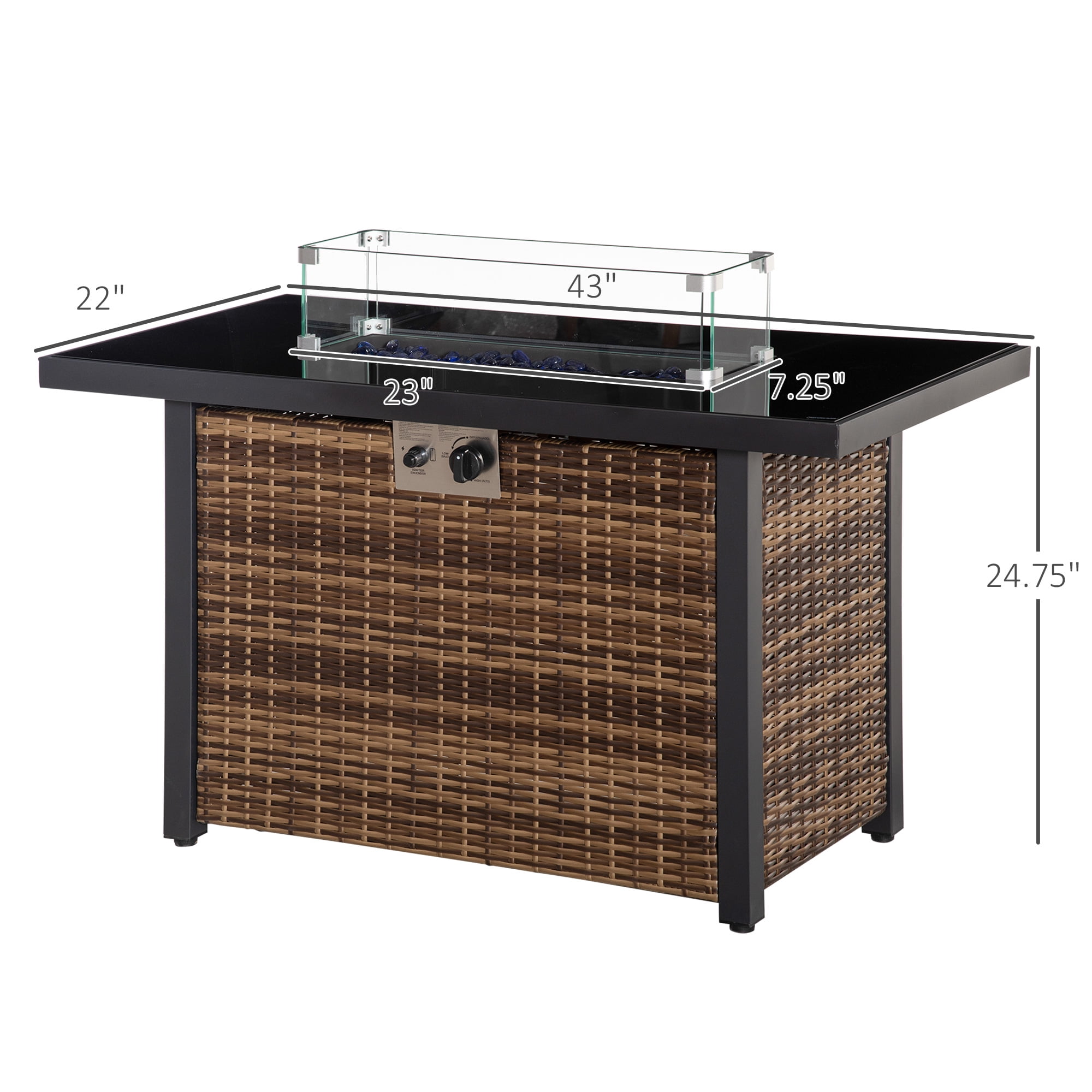Aimee Lii 43" Outdoor Propane Gas Fire Pit Table, 50,000 BTU Auto-Ignition Wicker Gas Firepit with Glass Wind Guard, Blue Glass Rock, Brown