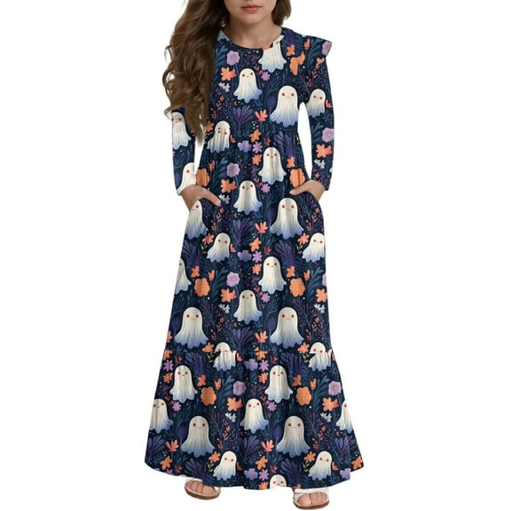 Abcomgle Long Sleeve Dress Girls 10-12 Ghost Floral Print Halloween Midi Dress for Girls Cute A-Line Ruffle Long Sleeve Dress Clothes for Girls Holiday Tiered Swing Dresses for Girls,4-5 Years