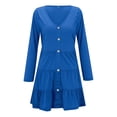 thumbnail image 3 of Vestido de mujer Vestido de manga larga con cuello en V Mezcla de algodón Ropa informal Botón Ropa plisada, Azul, XXL Speravity AP003993-11, 3 of 5