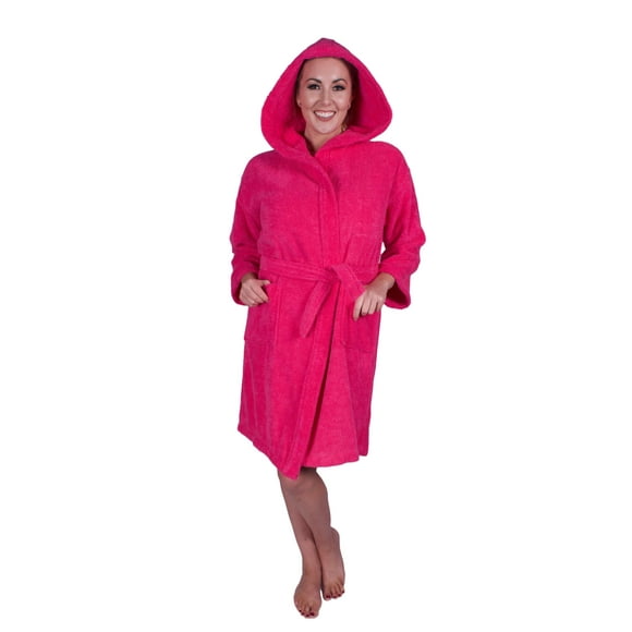 Puffy Cotton Teen / Petite Unisex Hoodie Bath Robe Natural Soft Cotton - Hot Pink