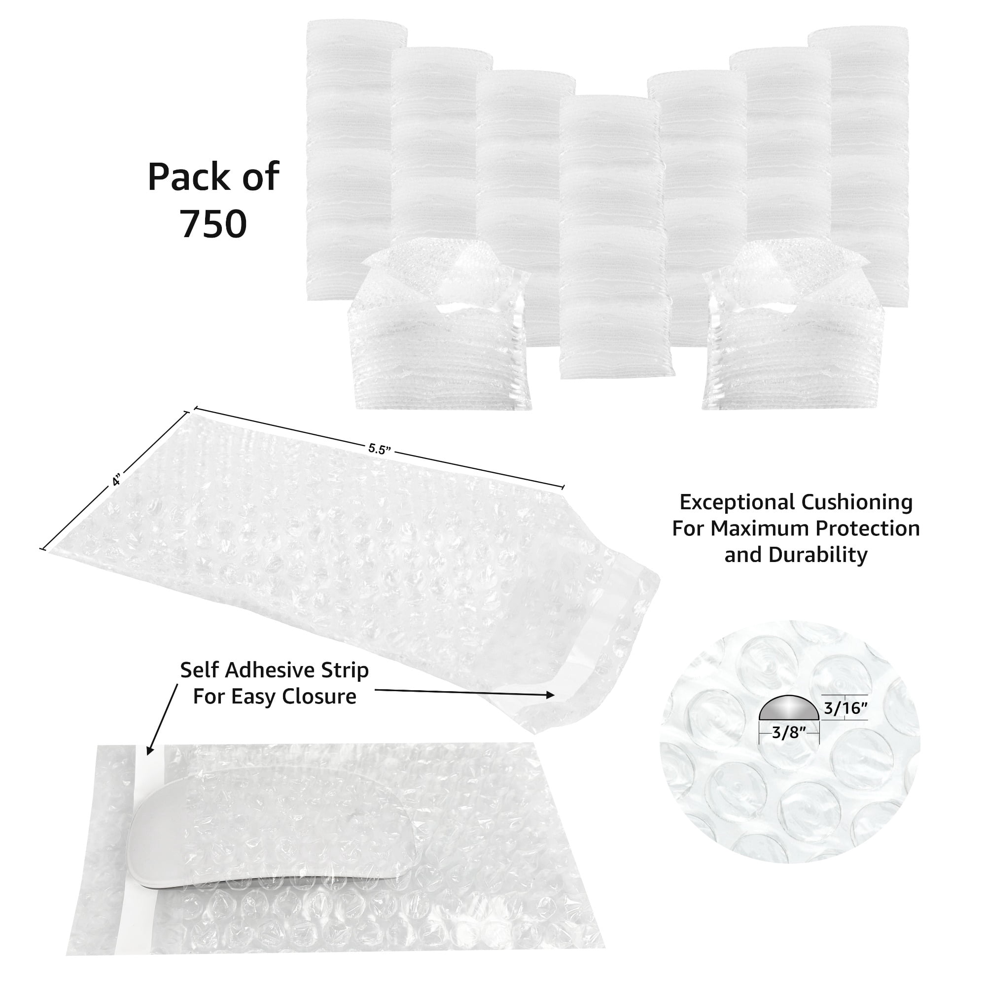 UOFFICE Clear Bubble Pouches, Self-Adhesive, 750 Count, 4" x 5.5", 1 pack