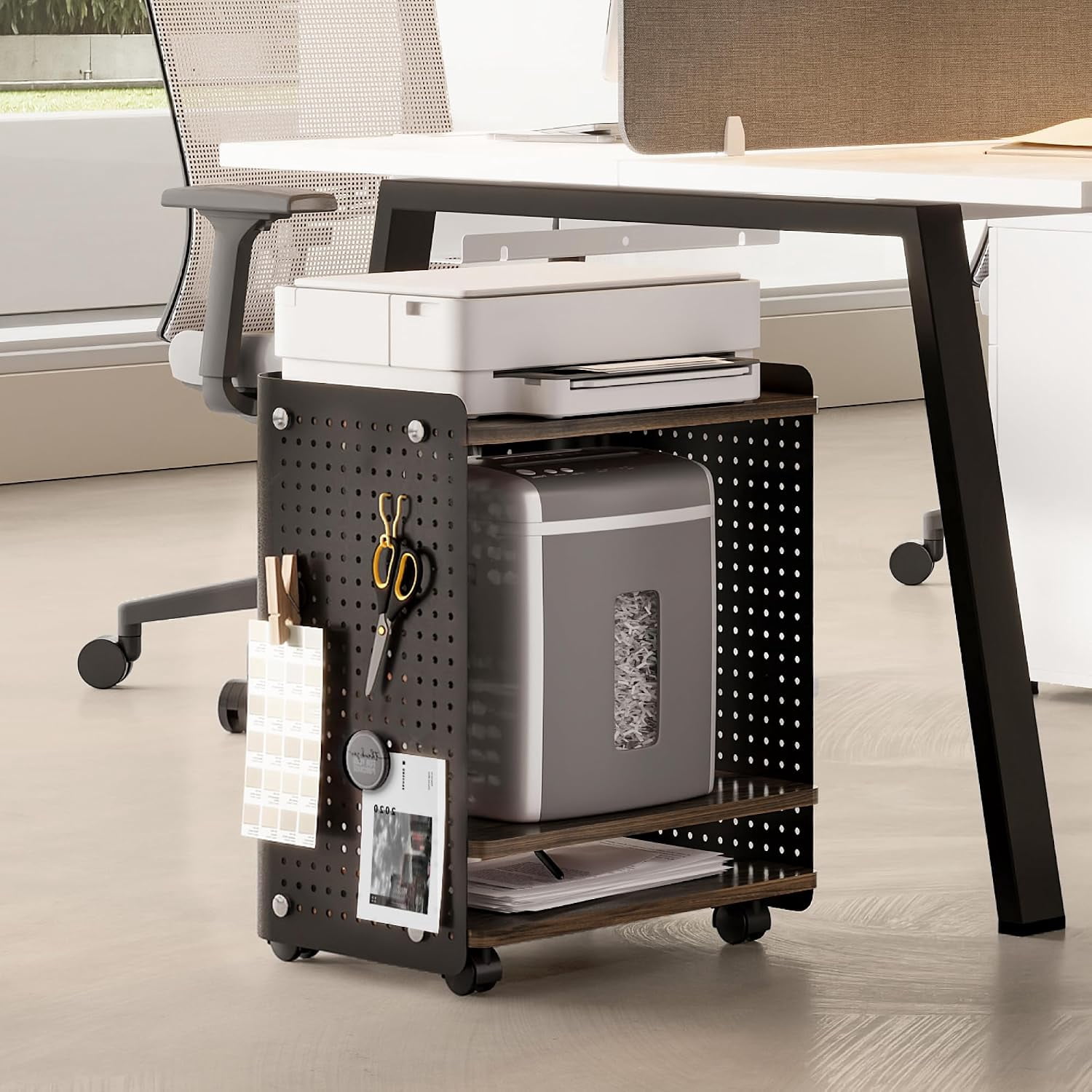 Fenge 3-Tier Rolling Printer Stand with Pegboard Storage, Brown, 17.8 x 13.2 x 21.8 in