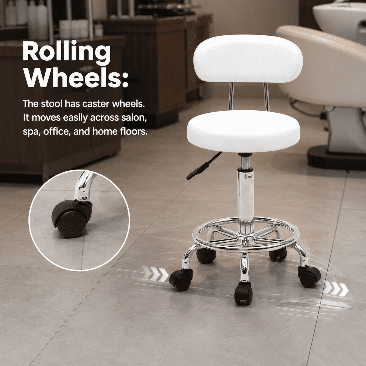 Alvantor Adjustable Height Salon Stool with Backrest and Rolling Wheels, White