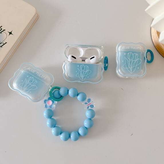 For AirPods 1/2/Pro/3rd Gen 2021 Shockproof Wave pattern blue tulip+bracelet Case Cover