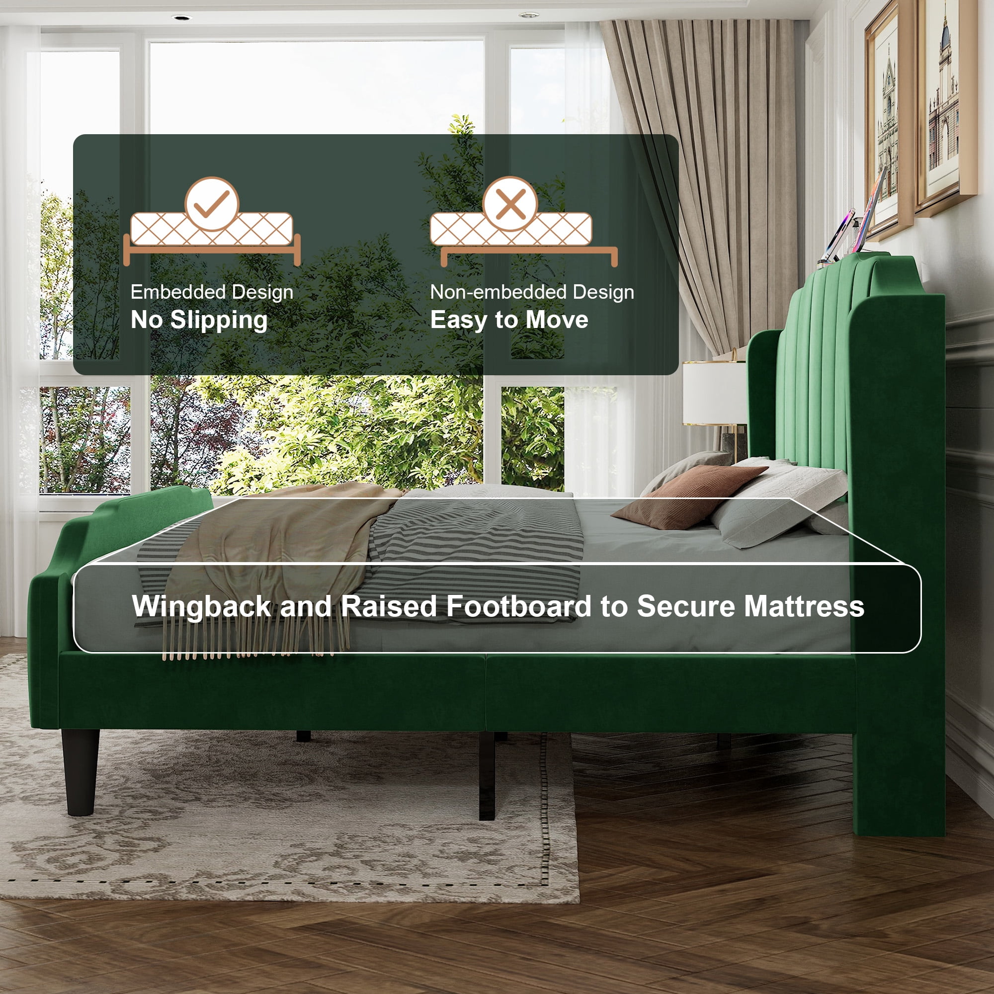 Amolife Full Size Upholstered Platform Bed Frame with USB Ports & Curved Velvet Wingback Headboard, Green