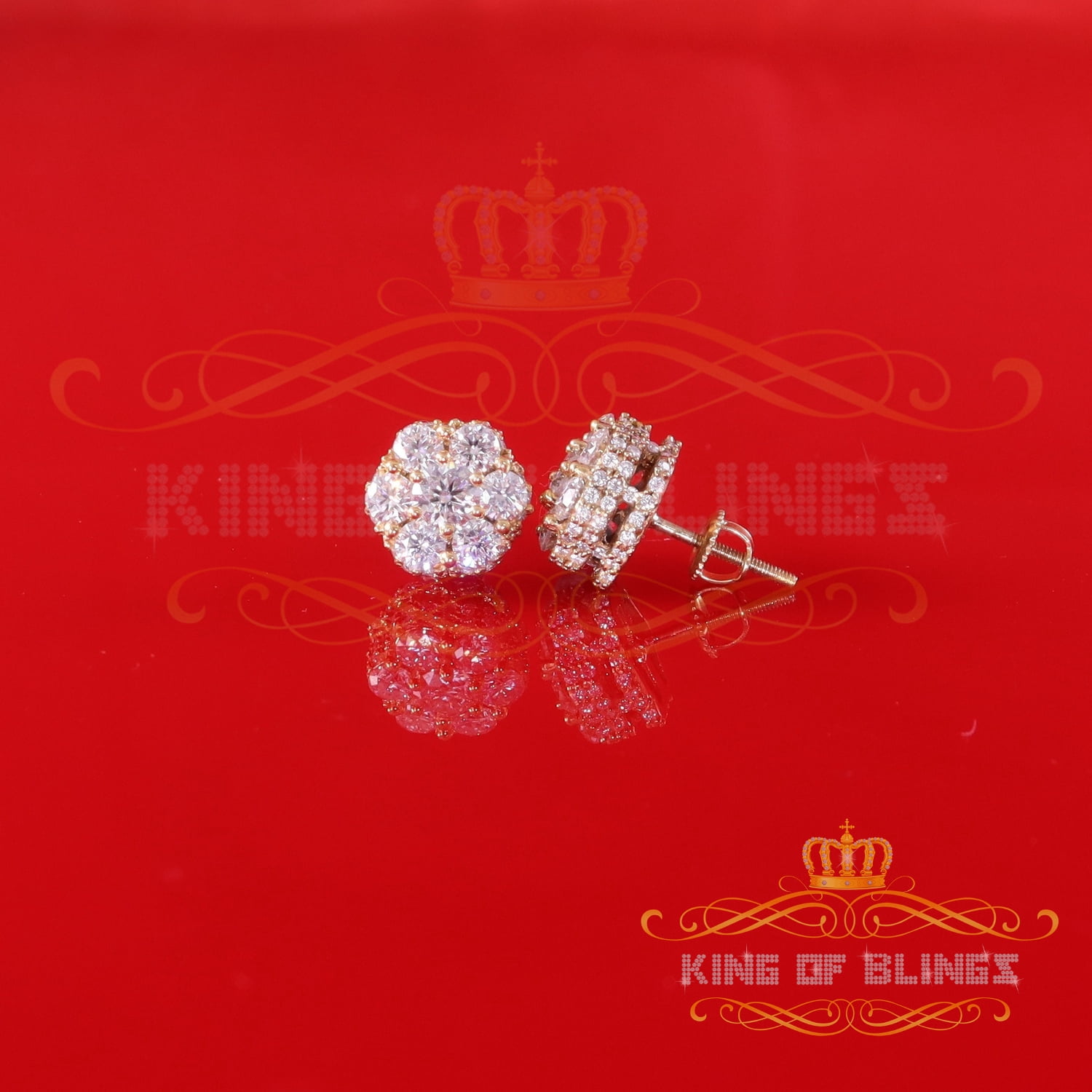 King of Bling's Men's/Women's 925 Silver Yellow 2.00ct VVS 'D' Moissanite 7 Floral Stud Earrings