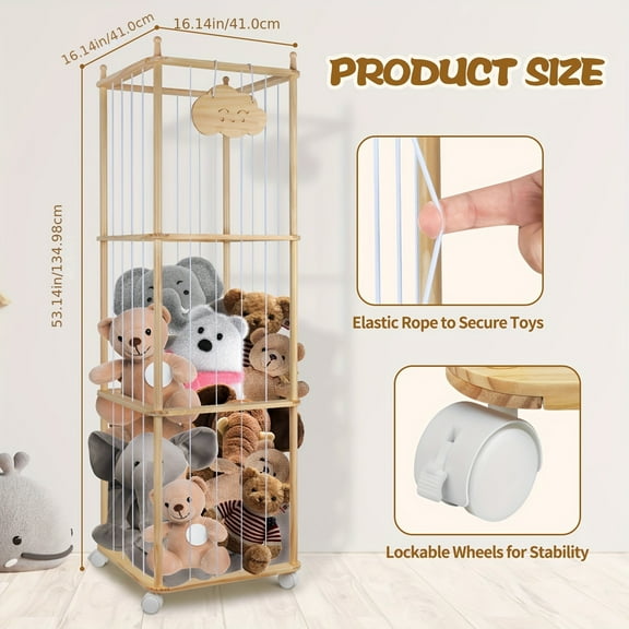 3-Tier Zoo Animal Storage Rack - Cedar Wood Shelf with Wheels & Elastic Rope for Stuffed Toy Organization
