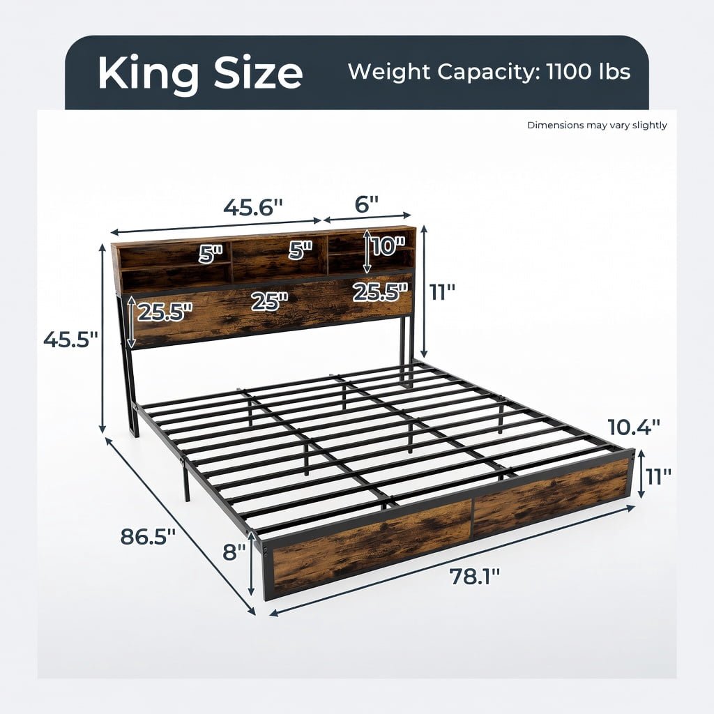 Demi Bonn King Size Bed Frame with Wooden Headboard and Footboard, Industrial Metal Platform Bed Frame with Under Bed Storage, No Box Spring Needed, Brown