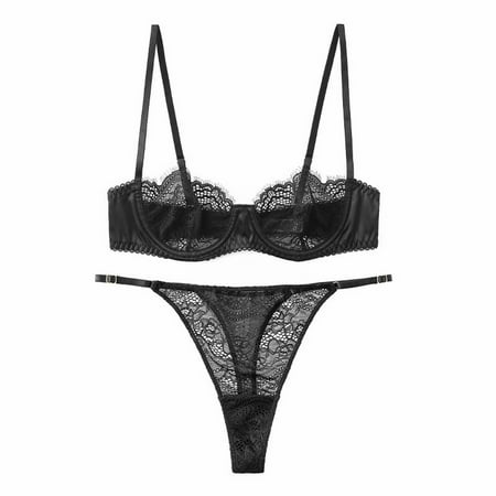 

Fabiurt Women s Bra Women Lace Half Cup Ultra Thin Bra Set T Pants Underwear Bra Summer Light And Thin Lace Underwear Set Black