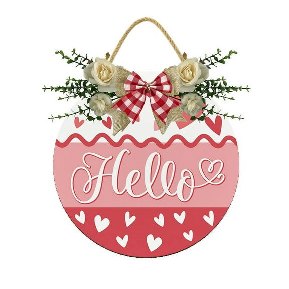 Eveokoki Hello Sign for Front Door Decorations, Rustic Round Wood Holiday Sign, Front Door Wreath Burlap Wooden Hanging Signs for Outdoor Farmhouse Porch Home Spring Holiday Decor