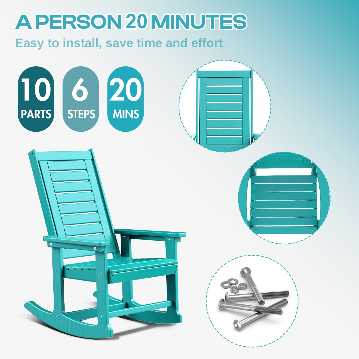 FODINGHILL Outdoor Rocking Chair Set of 4,HDPE Oversized Rocking Chair Outdoor,High Back Rocking Patio Chairs for Porch Garden Balcony,Aqua