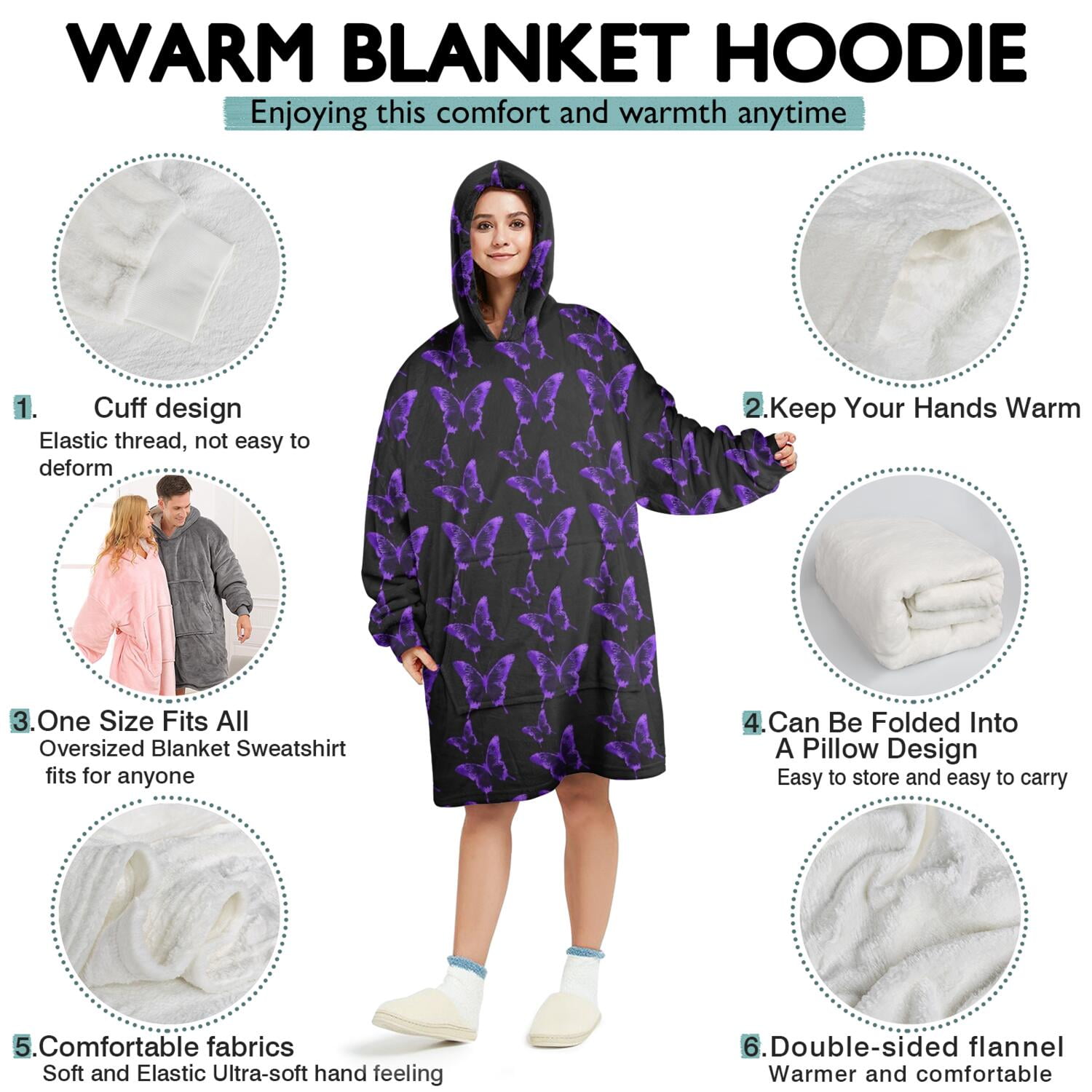 Purple Butterfly Pattern Wearable Oversized Blanket,Wearable Blanket Hoodie for Adults,Cozy Hooded Blankets with Super Pockets,Super Warm Fuzzy Pullover for Women & Men