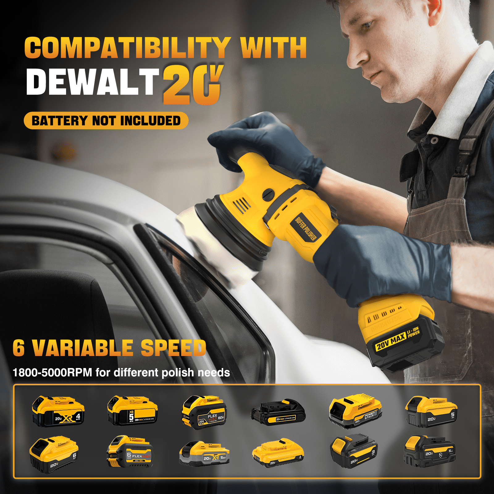 Cordless Buffer Polisher Kit for DEWALT 20V Battery (Battery Not Included), 6-Inch Orbital Car Polisher for Detailing, Variable Speed 1800-5500 RPM, 17-Piece Accessory Set for Polishing & Waxing