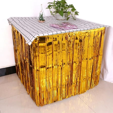 

Taehoxa Table Skirt Foil Fringe Curtains Blue Gold Pink Glossy Metallic Tinsel For Party Birthday Gatherings Holiday Wedding Decorations