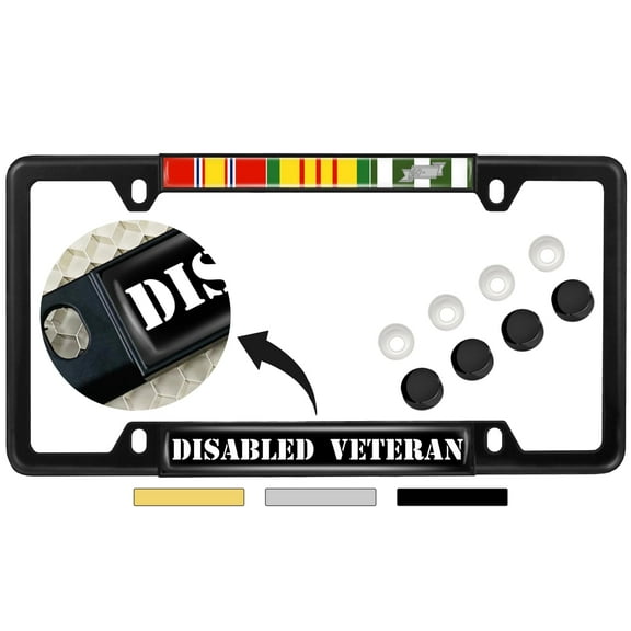 Vietnam Disabled Veteran 3 Service Ribbons - Domed Custom-Made Personalized Narrow (Thin) Top 4 Hole Metal Car License Plate Frame with Free caps - Black Frame (Qty: 1)