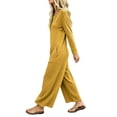 thumbnail image 6 of Womens Jumpsuits Knit Button Long Sleeve Jumpsuit Waffle Casual Round Neck Wide Leg Romper With Pockets Fall Winter Daily Wear, 6 of 7