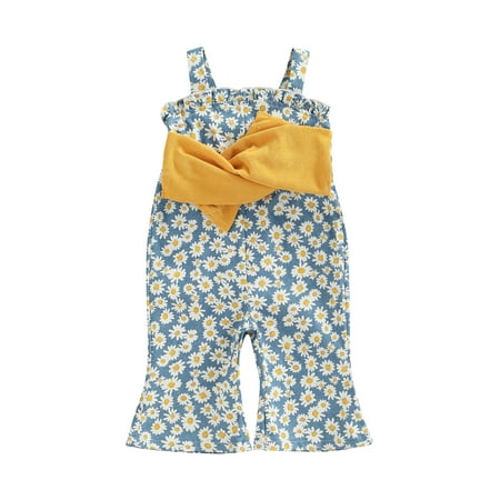 

Calsunbaby Infant Girl Summer Jumpsuit Suspender Sleeveless Daisy Printed One Piece Patchwork Bowknot Decorated Romper