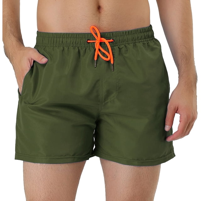 Pantalones cortos de natación con forro de malde color sólido con cintucon cordón pahombre Verde oli32