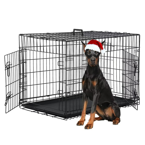 CL.HPAHKL Durable Large Dog Crate, Folding Metal Dog Kennel Double Door Dog Cage with Plastic Tray, Wire Crate for Large Dog Indoor Outdoor Travel (Black, 48 inch)