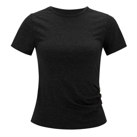 

MIASHUI Girls Crewneck Striped/Solid Color Button Short Sleeve T Shirts Tops