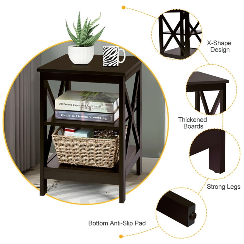 Finihen End Table, 3-Tier Nightstand End Table with X Design Storage, Bed Side Tables, for Living Room, Bedroom, Dark Brown Finihen End Table, 3-Tier Nightstand End Table with X Design Storage, Bed Side Tables, for Living Room, Bedroom, Dark Brown