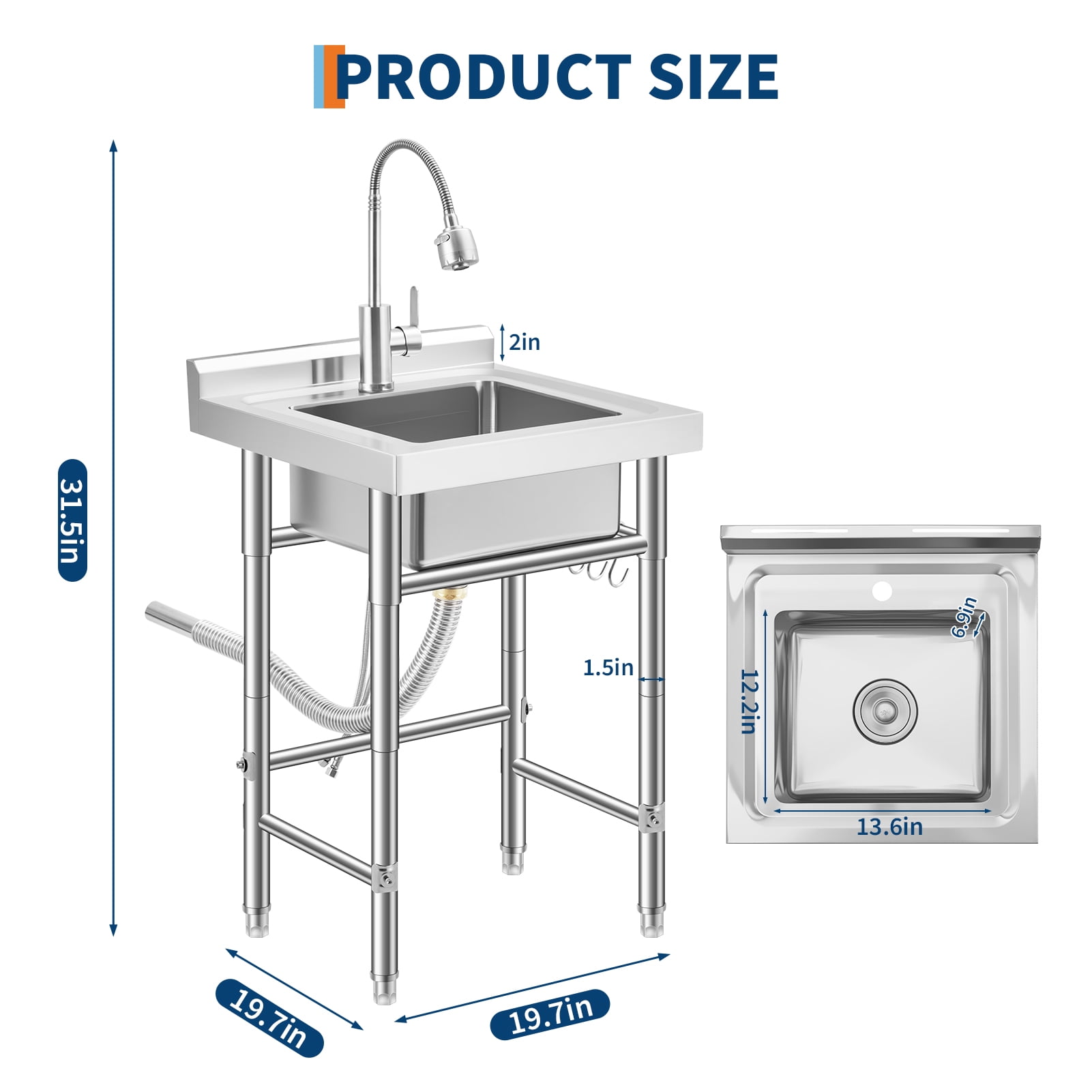 Amkui Stainless Utility Sink, Freestanding Outdoor Sink with Adjustable Legs, Storage Shelf,S-Hooks & Hot Cold Water Pipes, Kitchen Single Stainless Sinks for Laundry, Garage
