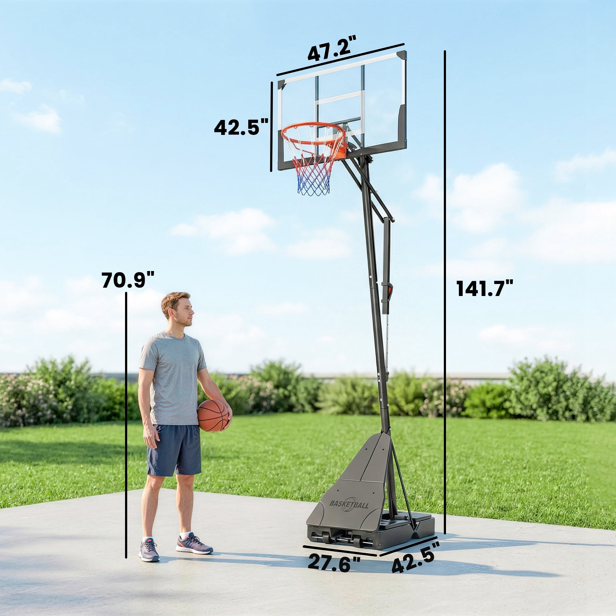 Soozier Basketball Hoop Outdoor Portable, 8-10ft Adjustable Basketball Goal, 47 Inch Shatterproof Backboard w/Shock Absorbent Rim, Action Grip